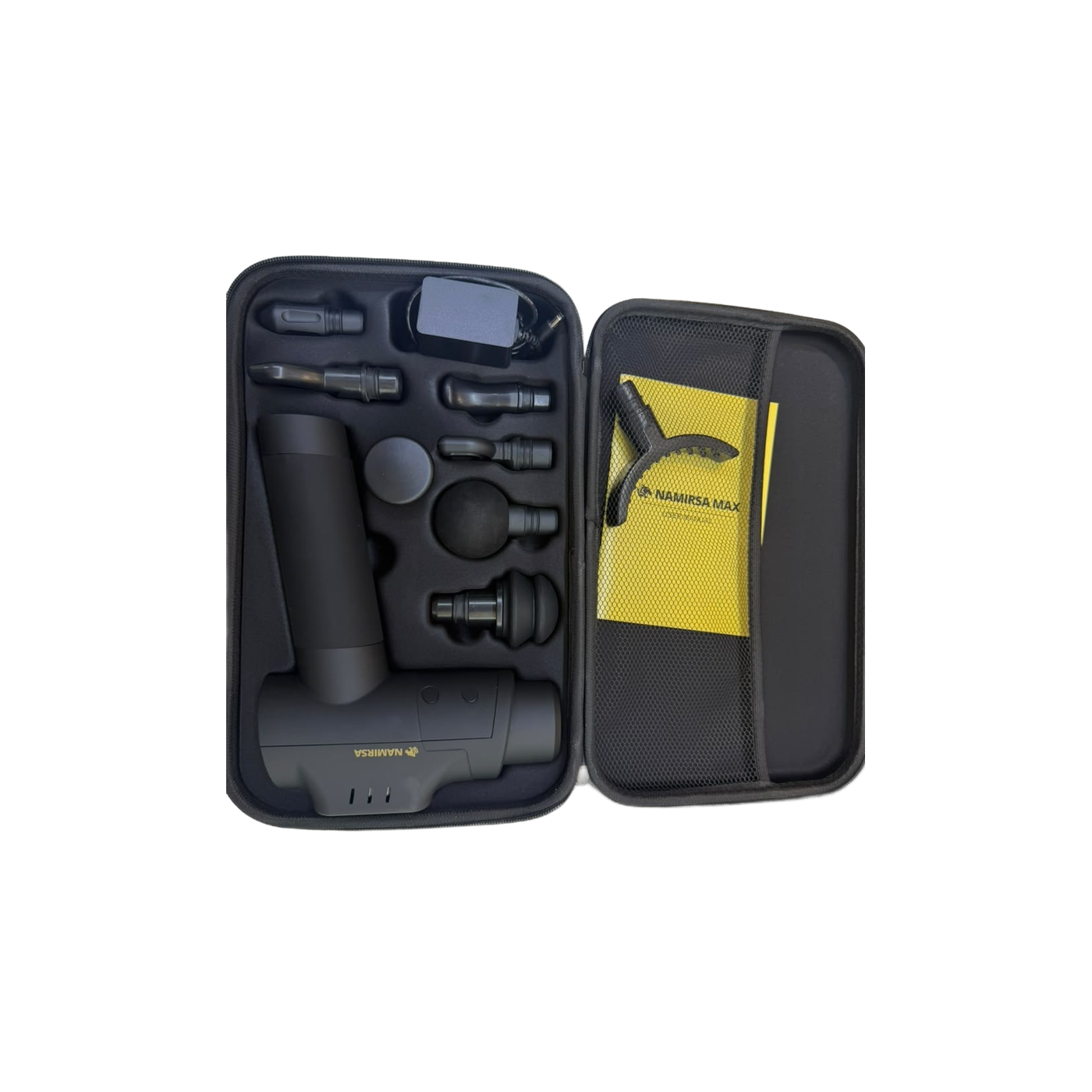Namirsa Max with 8 attachments, power adapter and manual in its carrying case