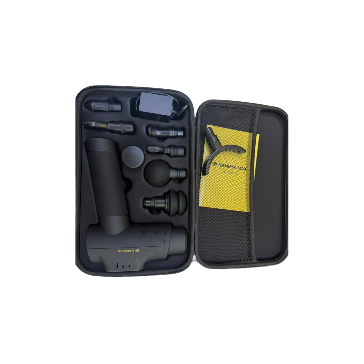 Namirsa Max with 8 attachments, power adapter and manual in its carrying case